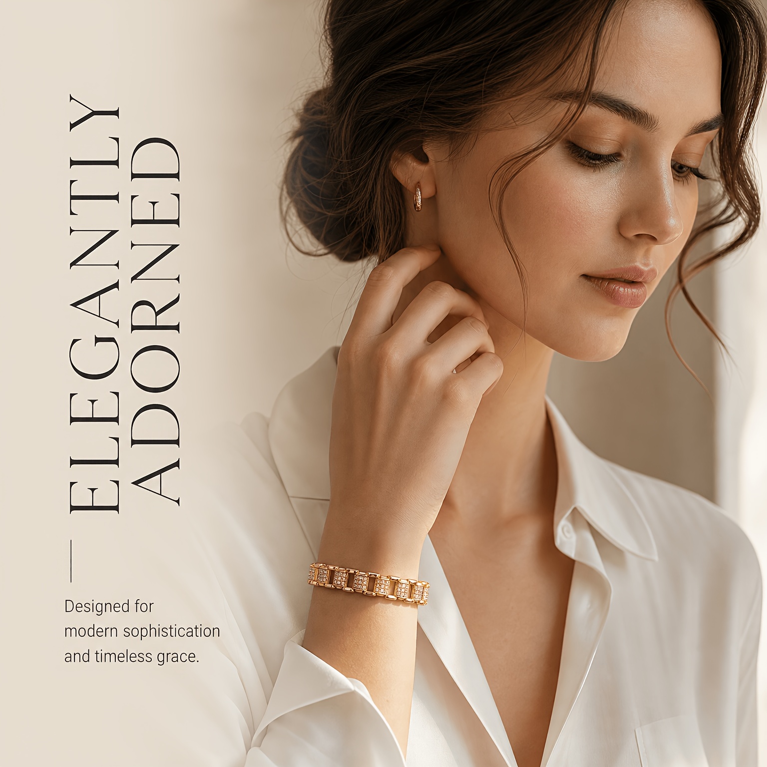 Women's Golden Bracelet with Rectangular Links and Synthetic Zirconia